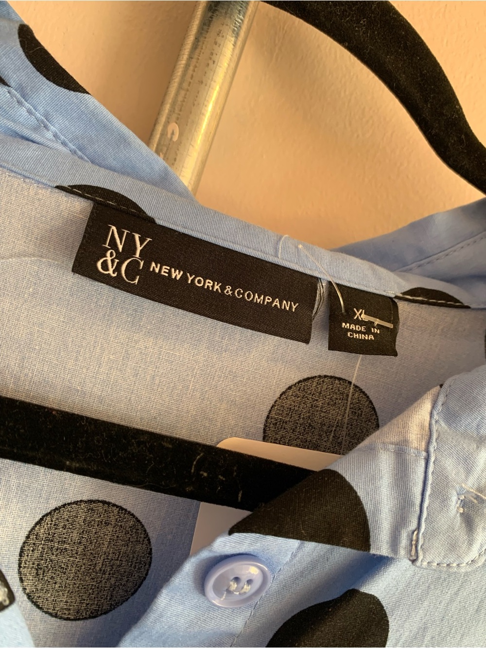 New York & Company Blue and Black Polka Dot Long Sleeve Shirt Dress - Picture 3 of 5